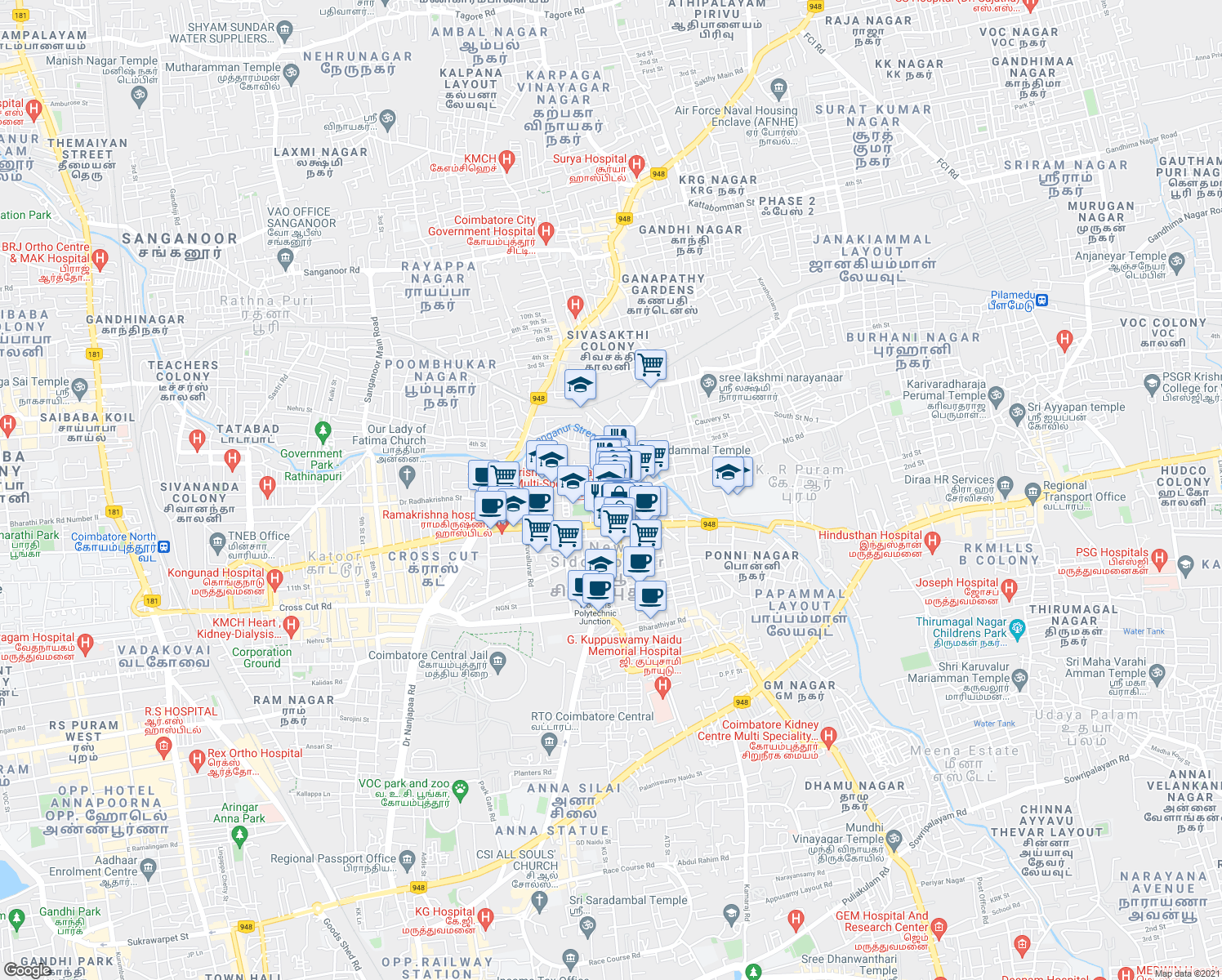 map of restaurants, bars, coffee shops, grocery stores, and more near 208 Avaram Palayam Road in New Siddhapudur