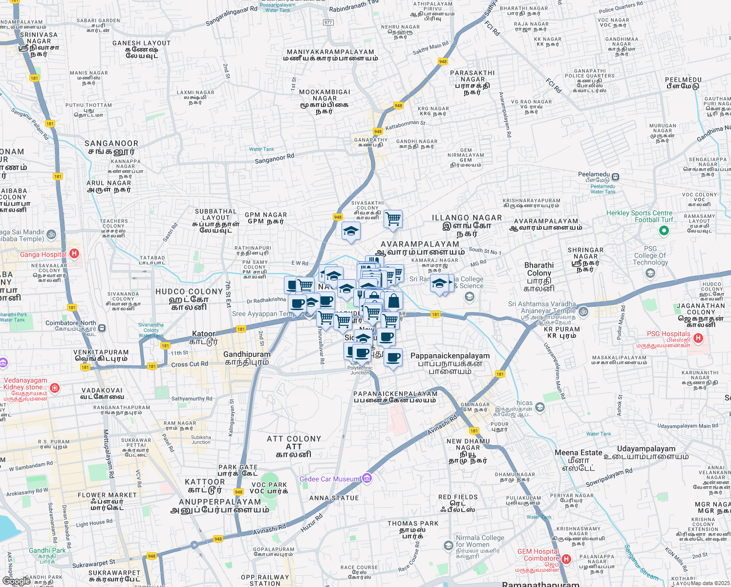 map of restaurants, bars, coffee shops, grocery stores, and more near 208 Avaram Palayam Road in New Siddhapudur