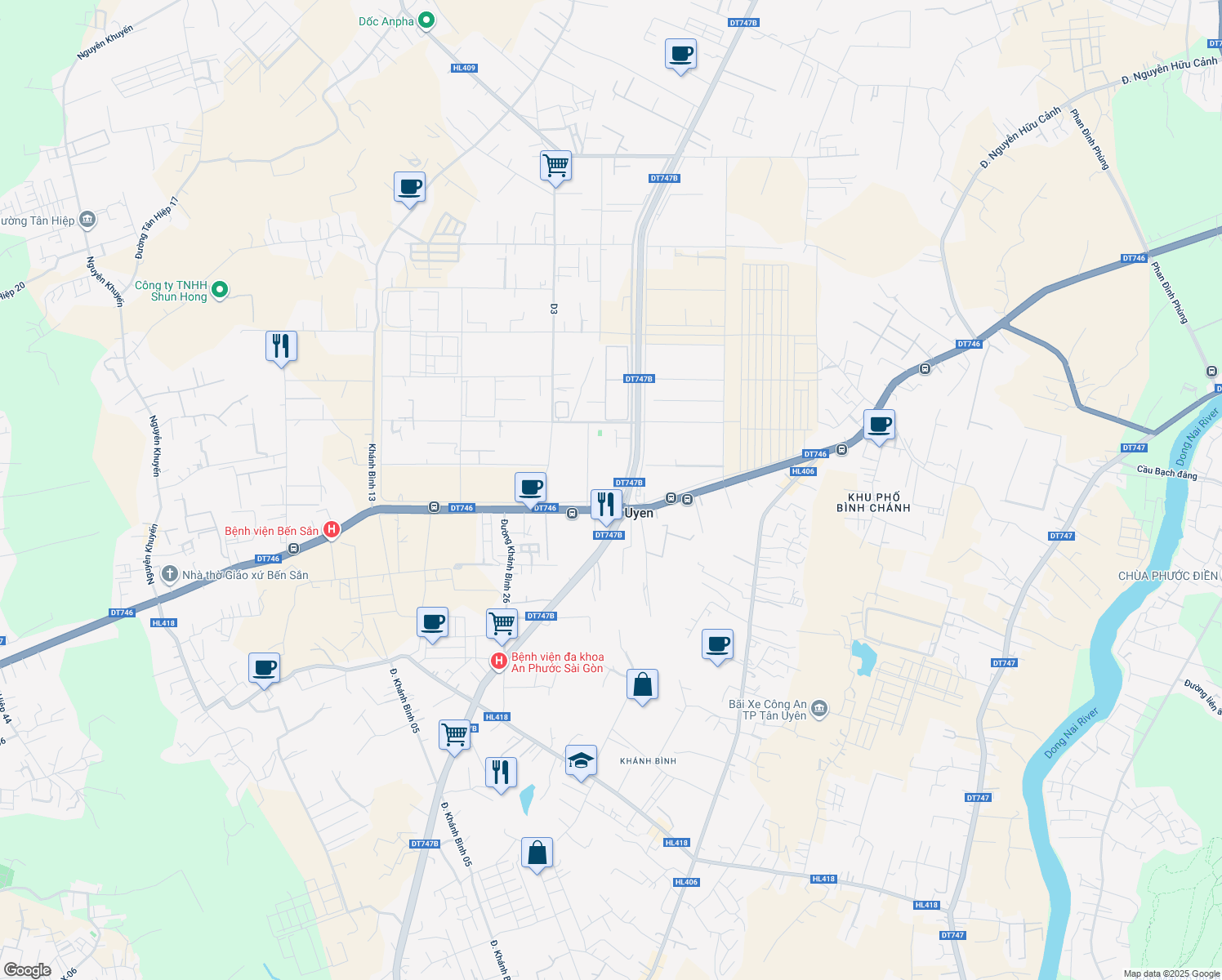 map of restaurants, bars, coffee shops, grocery stores, and more near Khánh Bình 68 in Thị xã Tân Uyên