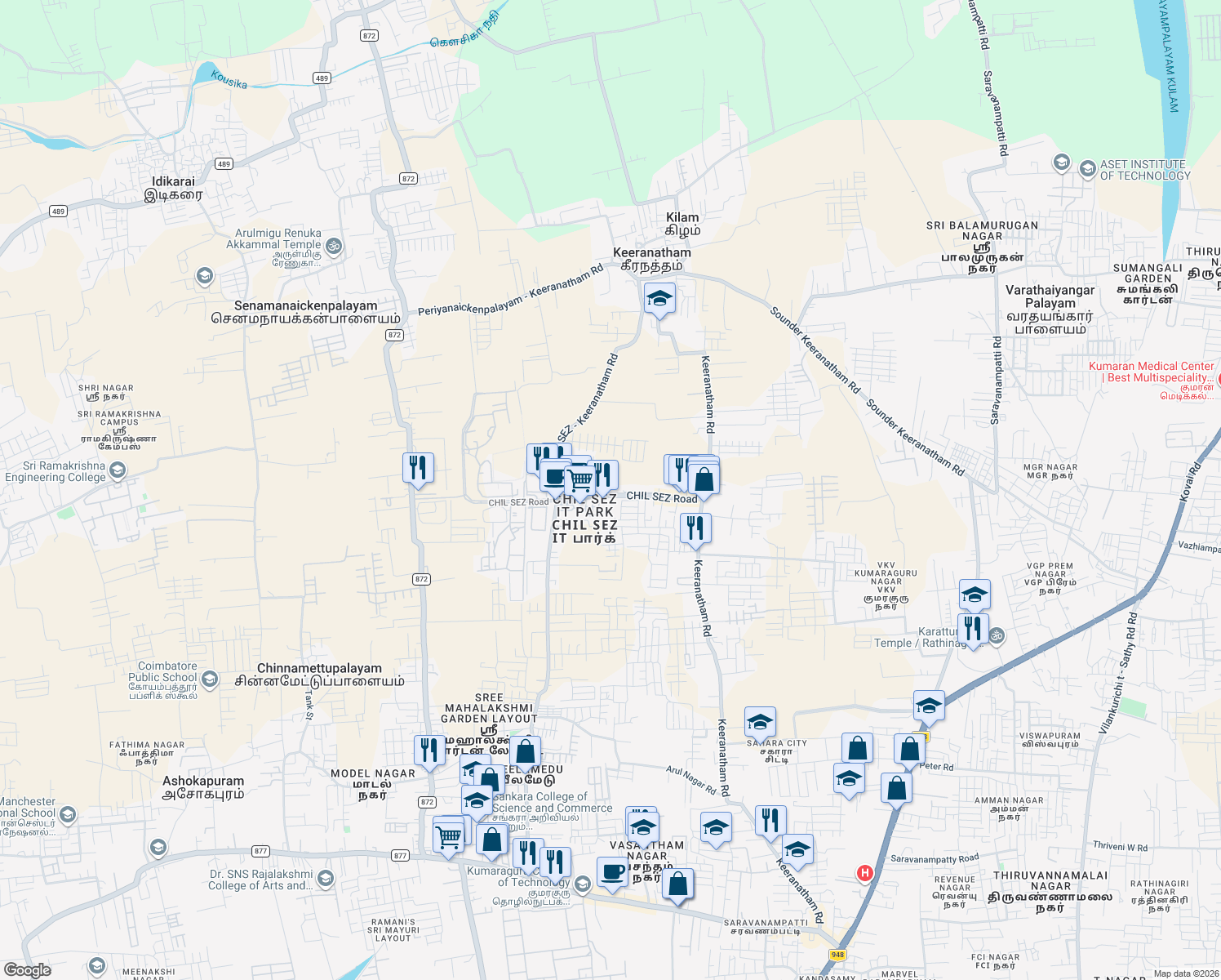 map of restaurants, bars, coffee shops, grocery stores, and more near CHIL SEZ Road in Coimbatore