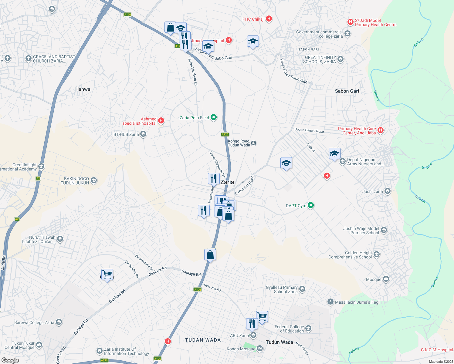 map of restaurants, bars, coffee shops, grocery stores, and more near in Zaria