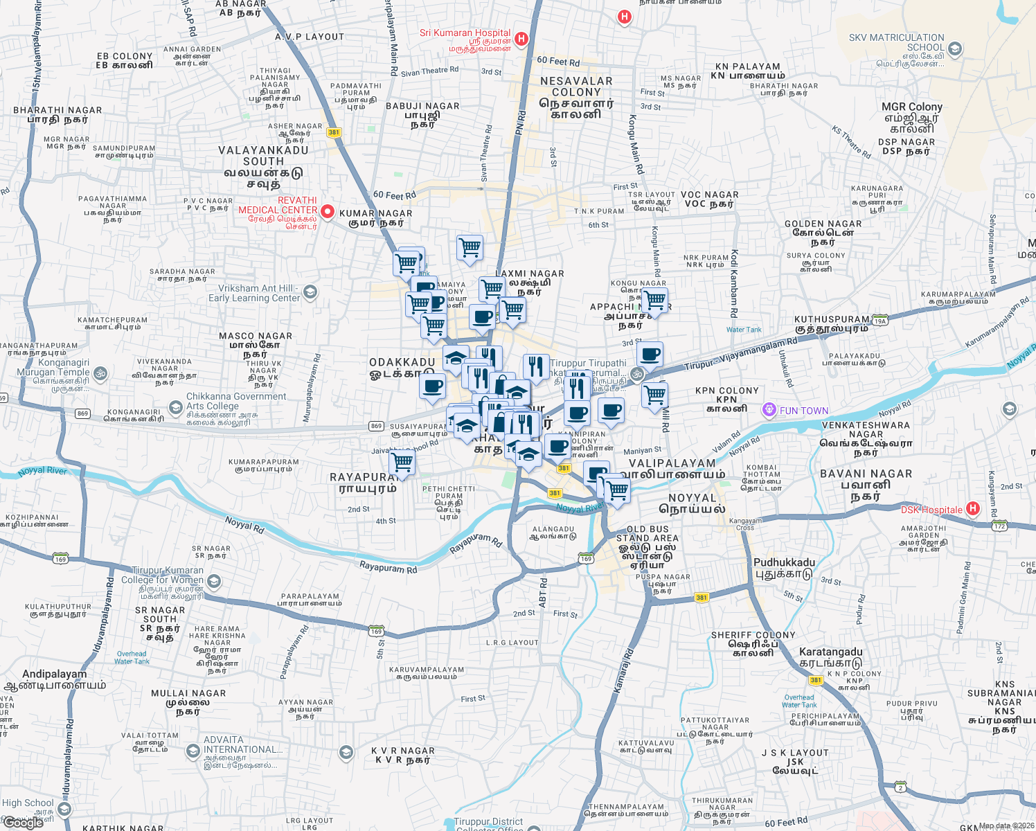 map of restaurants, bars, coffee shops, grocery stores, and more near in Tiruppur