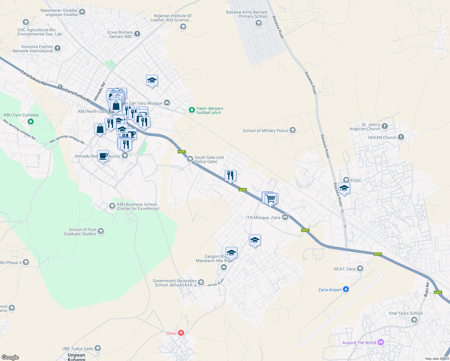 map of restaurants, bars, coffee shops, grocery stores, and more near A 126 in Zaria