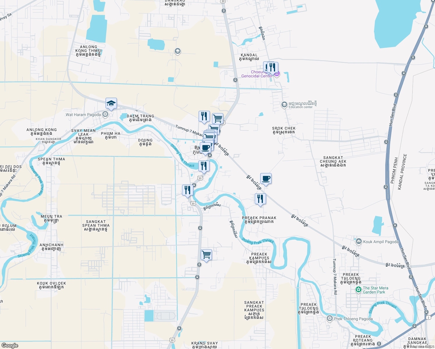 map of restaurants, bars, coffee shops, grocery stores, and more near ផ្លូវ​វត្តព្រែកជ្រៃ in Phnom Penh