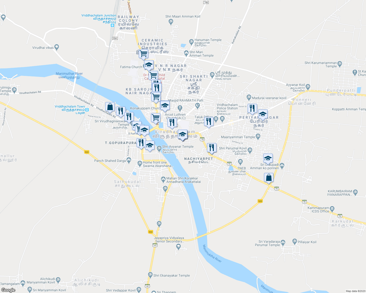 map of restaurants, bars, coffee shops, grocery stores, and more near Anna Salai in Cuddalore