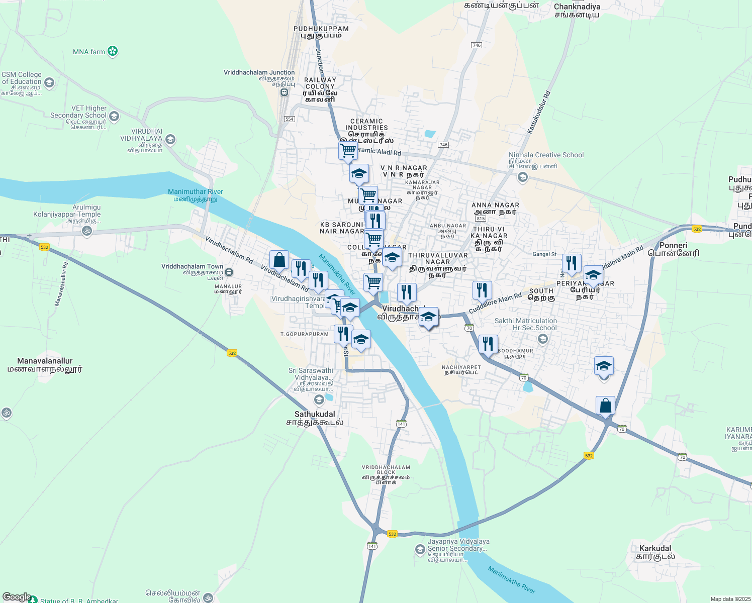 map of restaurants, bars, coffee shops, grocery stores, and more near Anna Salai in Virudhachalam