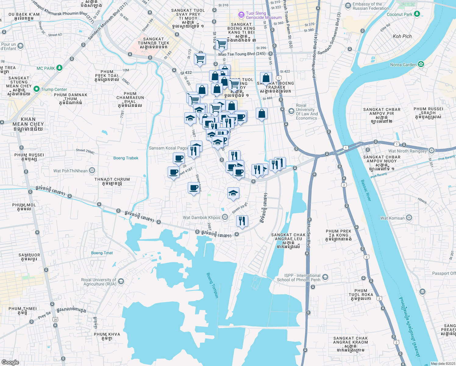 map of restaurants, bars, coffee shops, grocery stores, and more near 12302 Street 53Bt in Phnom Penh