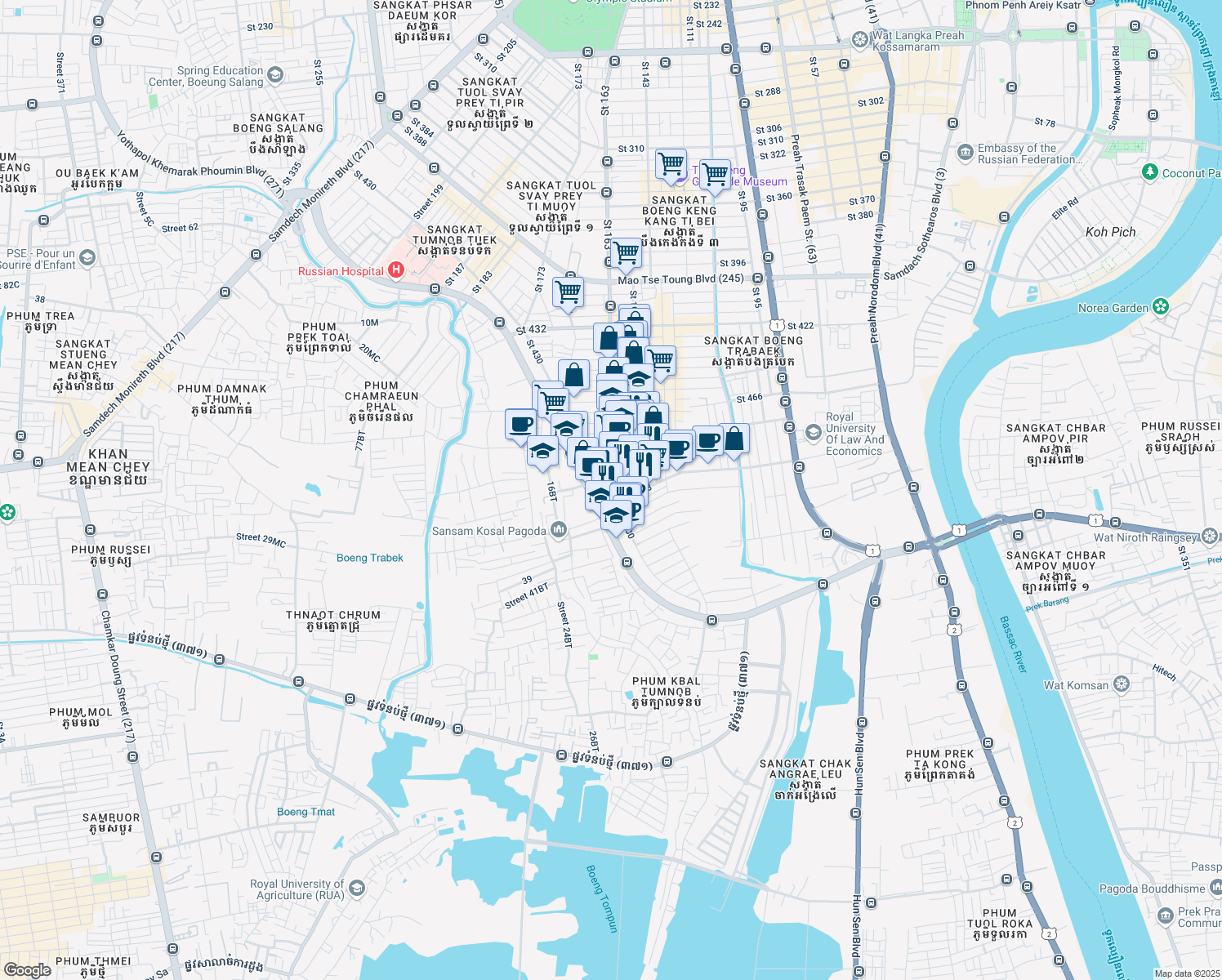 map of restaurants, bars, coffee shops, grocery stores, and more near Saint 430 in Phnom Penh