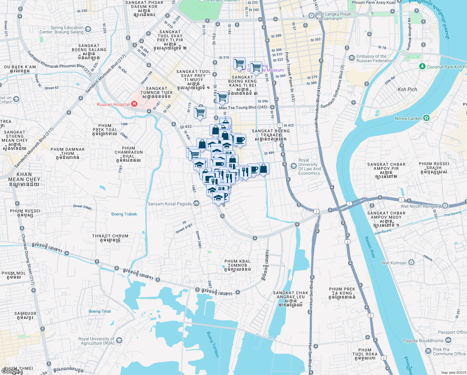 map of restaurants, bars, coffee shops, grocery stores, and more near 20 Saint 488 in Phnom Penh