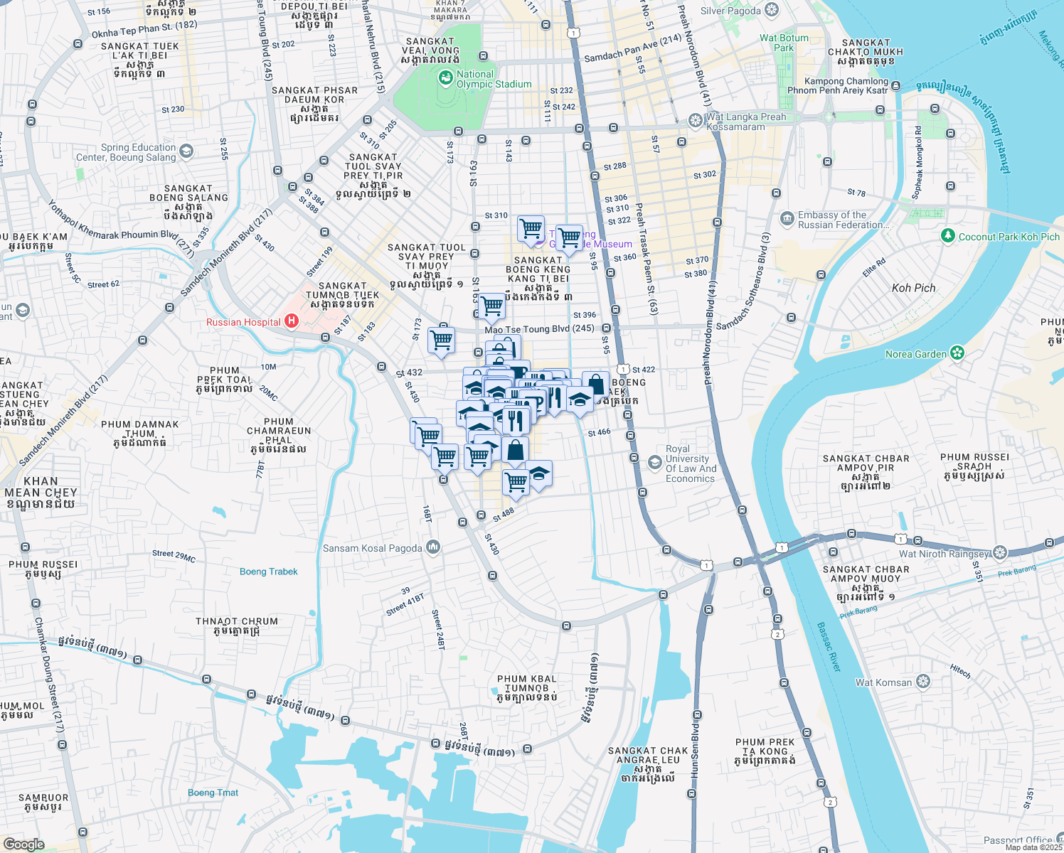 map of restaurants, bars, coffee shops, grocery stores, and more near 460 Saint 123 in Phnom Penh