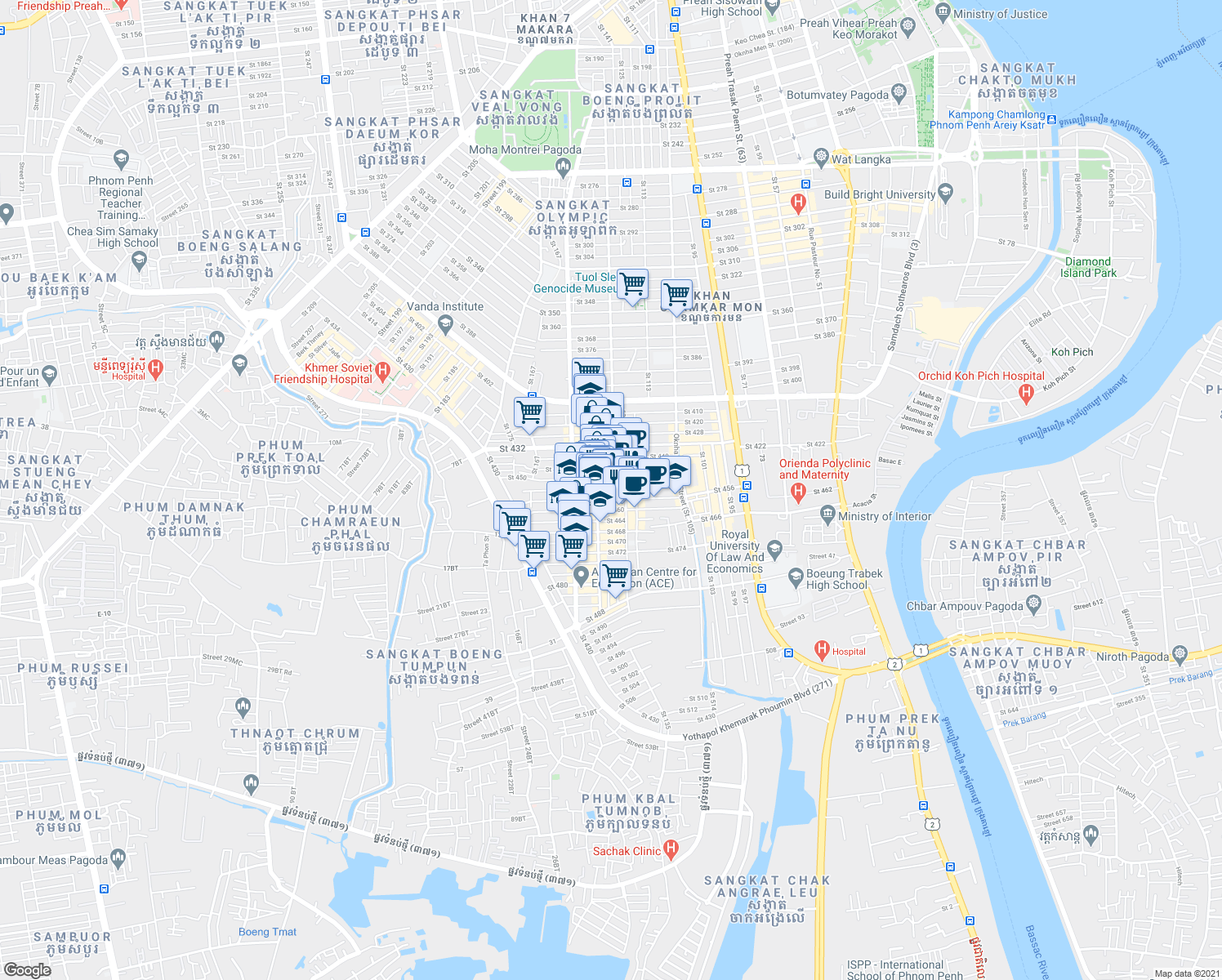 map of restaurants, bars, coffee shops, grocery stores, and more near 78 Saint 454 in Phnom Penh