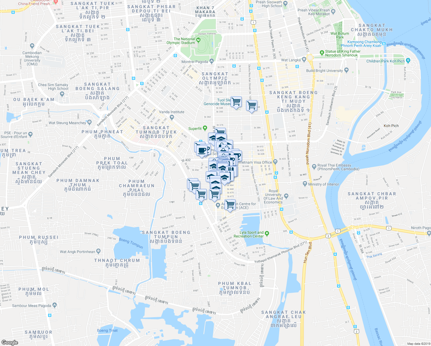 map of restaurants, bars, coffee shops, grocery stores, and more near 74 Saint 163 in Phnom Penh
