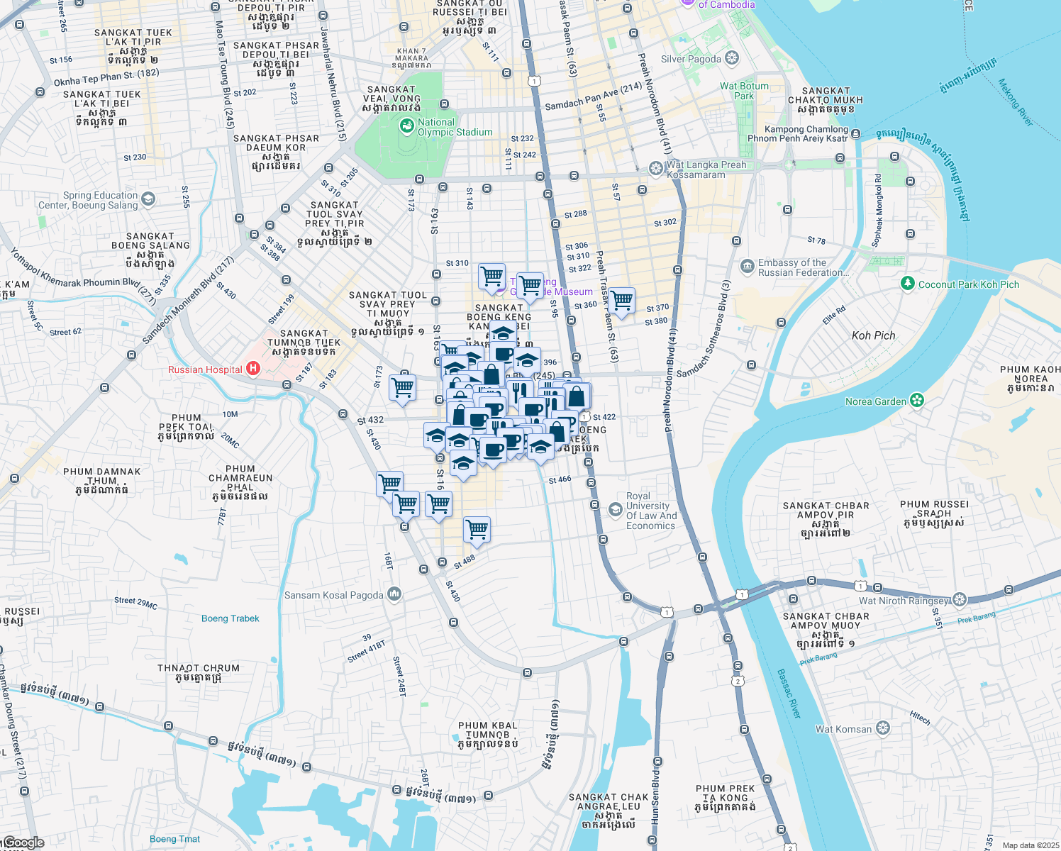 map of restaurants, bars, coffee shops, grocery stores, and more near Saint 440 in Phnom Penh