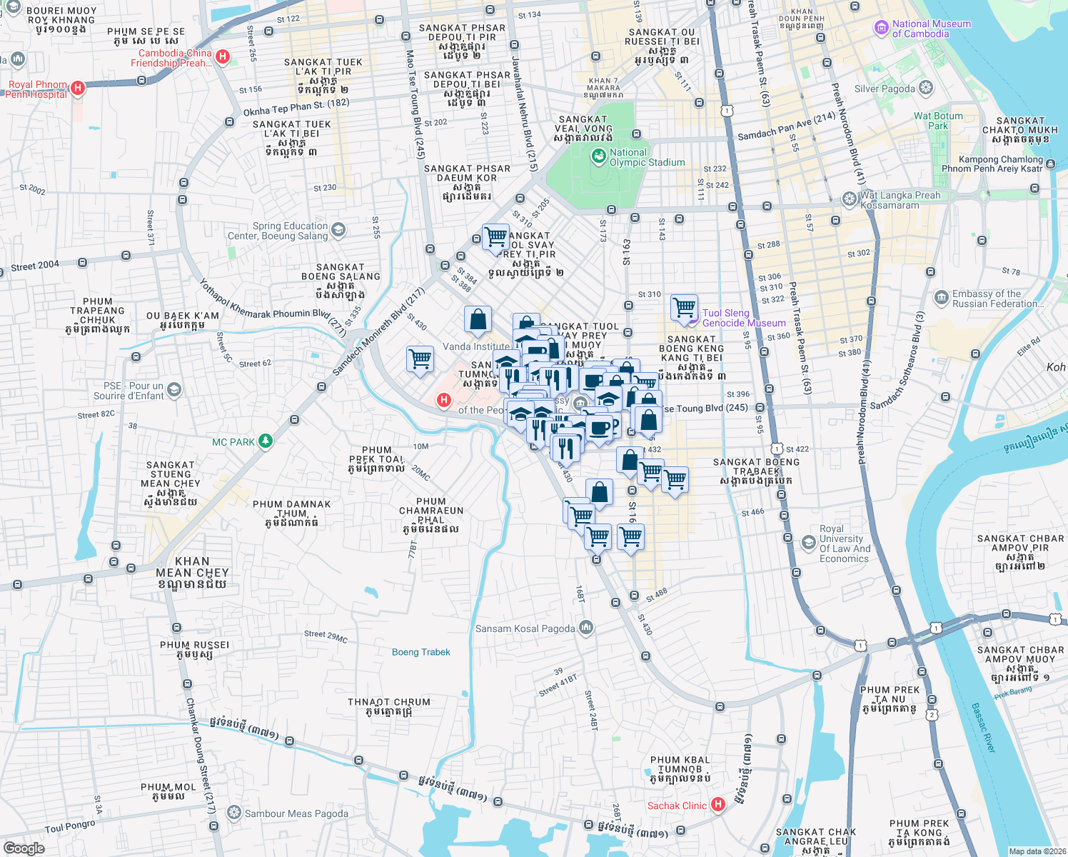 map of restaurants, bars, coffee shops, grocery stores, and more near Saint 430 in Phnom Penh