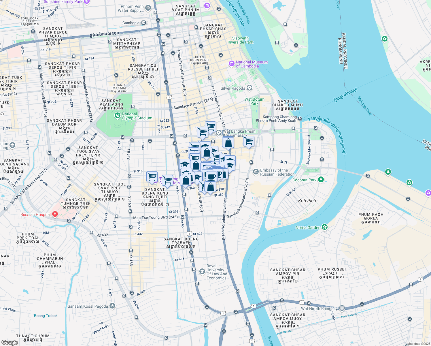 map of restaurants, bars, coffee shops, grocery stores, and more near 12302 Street 53Bt in Phnom Penh