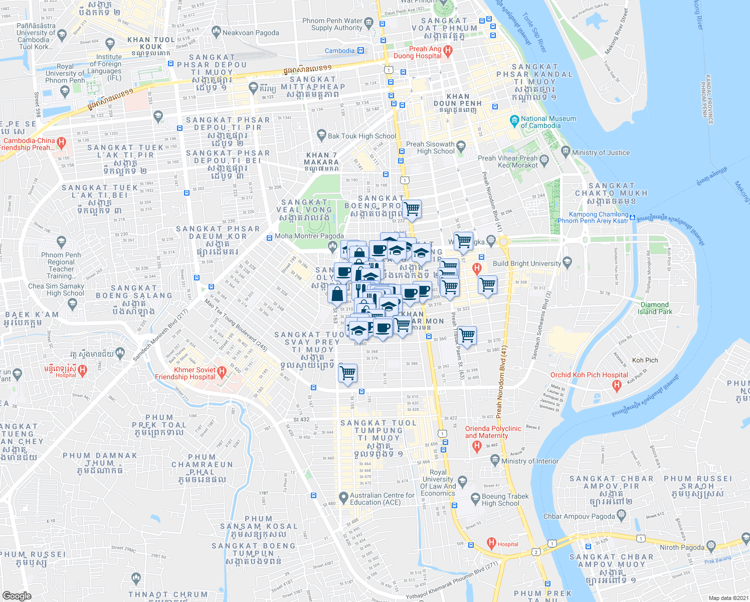 map of restaurants, bars, coffee shops, grocery stores, and more near 304 in Phnom Penh
