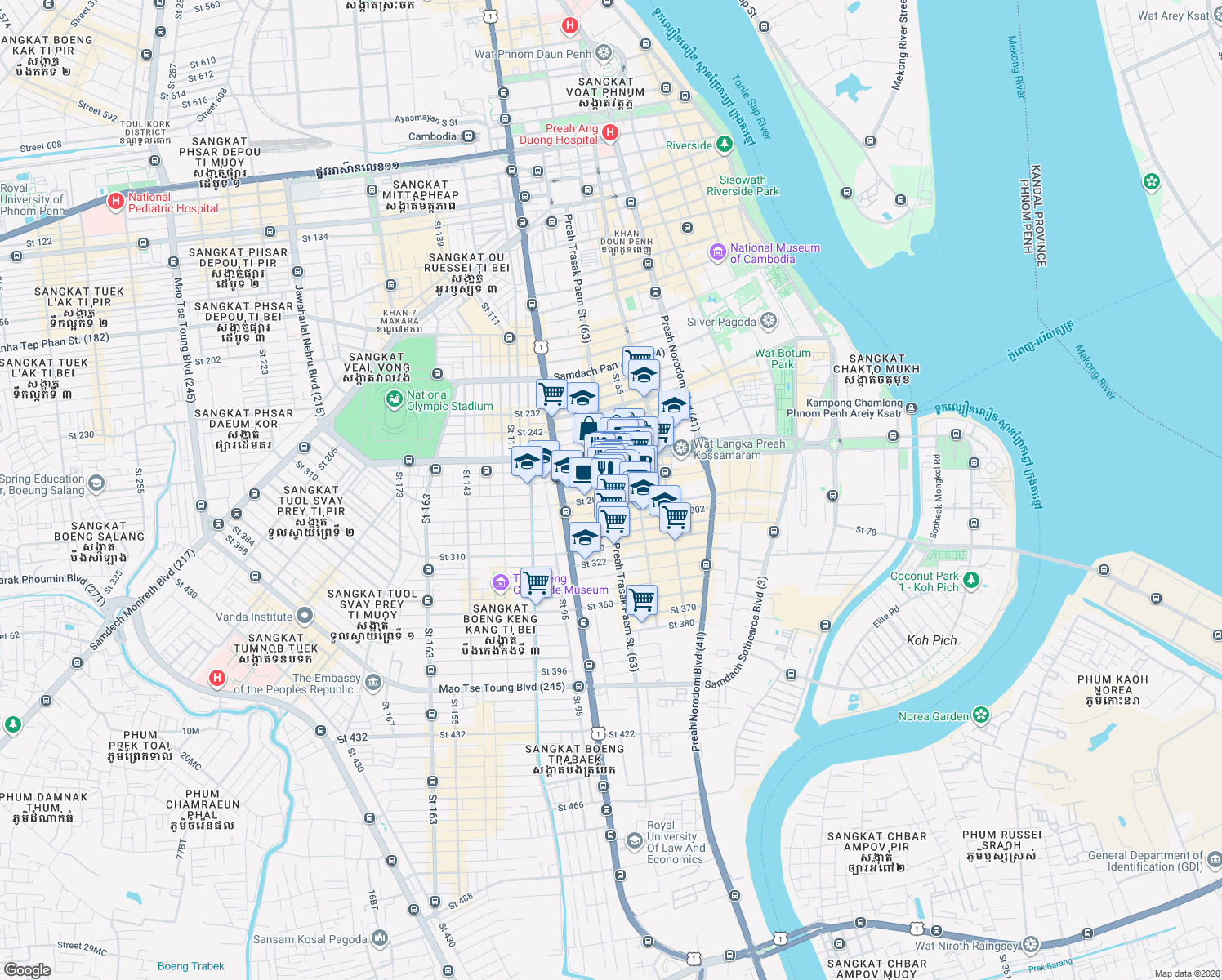 map of restaurants, bars, coffee shops, grocery stores, and more near 172 Preah Trasak Paem St. (63) in Phnom Penh