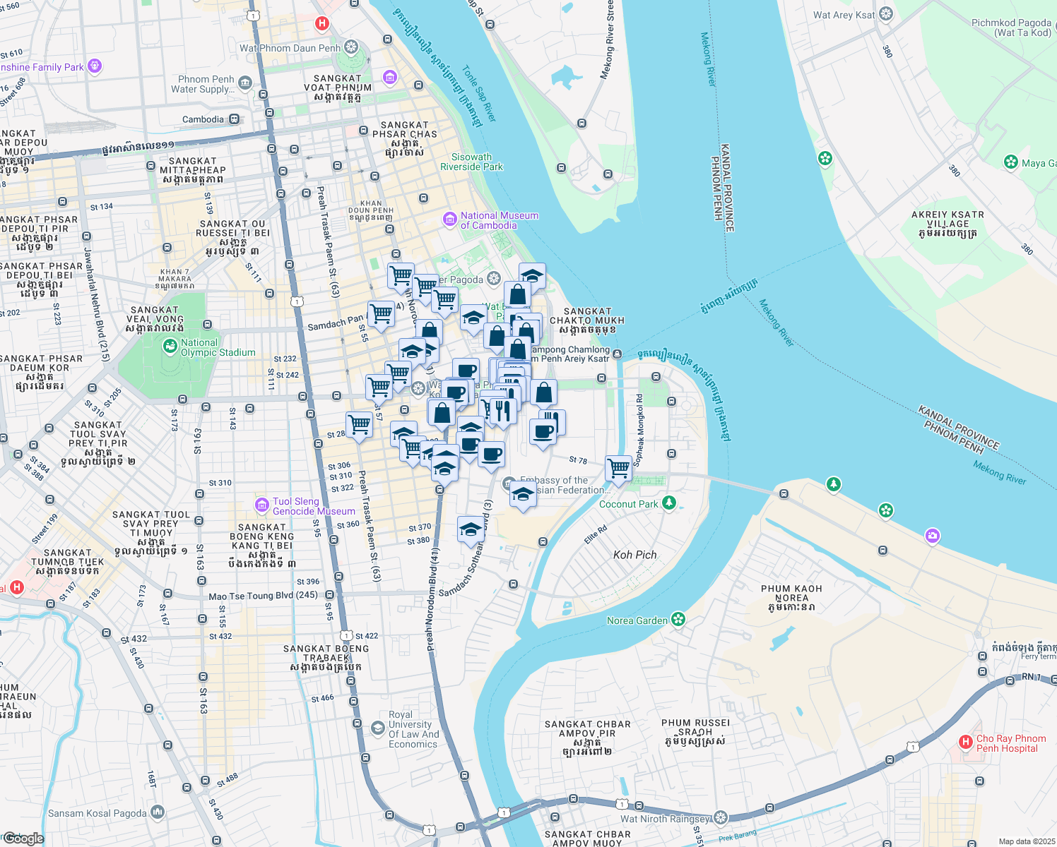 map of restaurants, bars, coffee shops, grocery stores, and more near 3 Samdach Sothearos Boulevard (3) in Phnom Penh