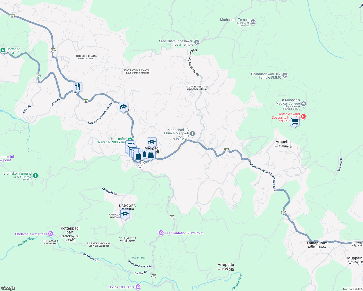 map of restaurants, bars, coffee shops, grocery stores, and more near Ooty Rd in Meppadi