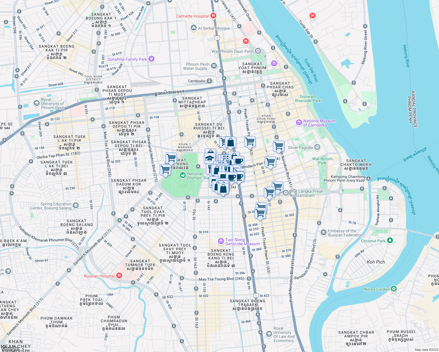map of restaurants, bars, coffee shops, grocery stores, and more near in Phnom Penh