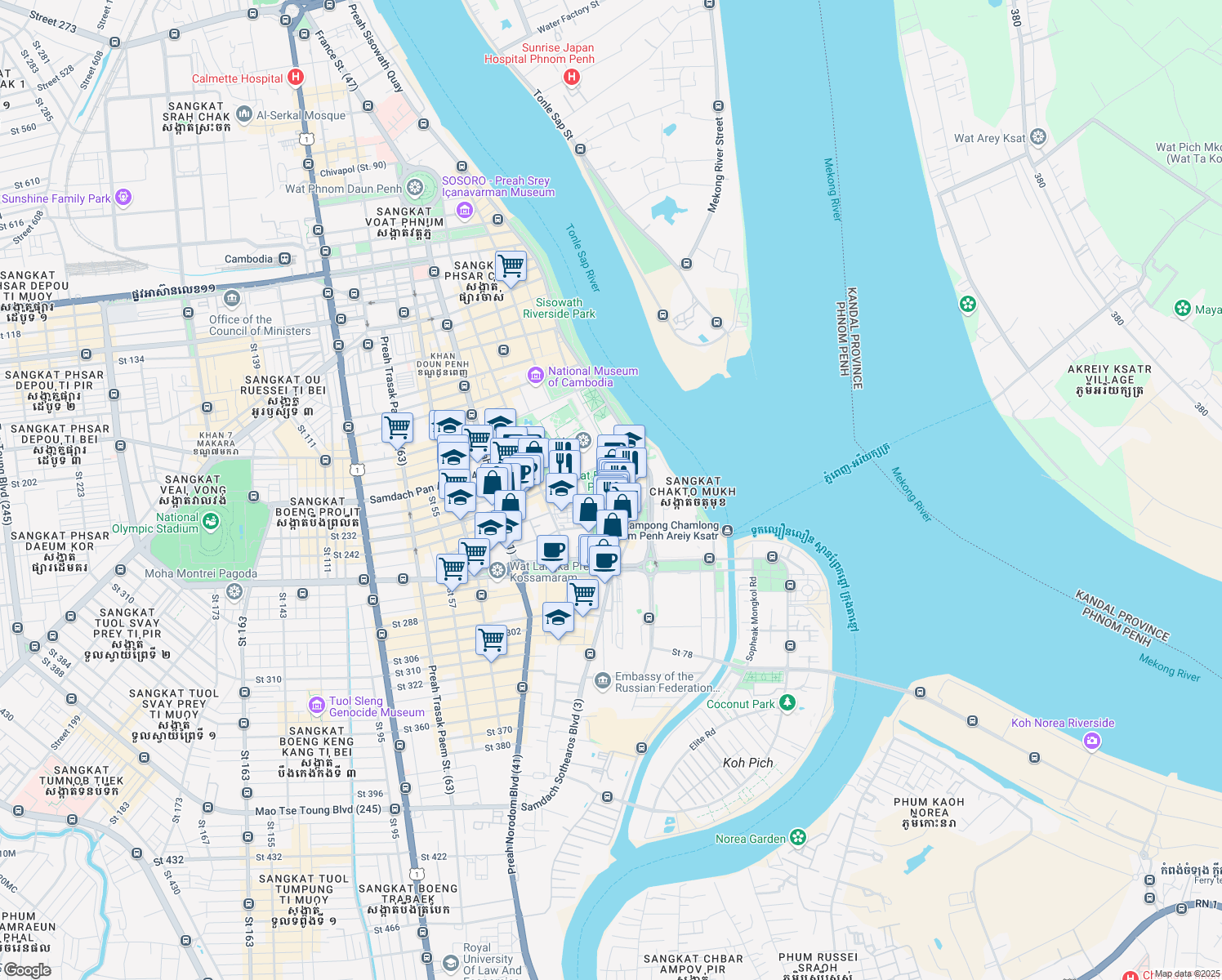 map of restaurants, bars, coffee shops, grocery stores, and more near 3 Samdach Sothearos Boulevard (3) in Phnom Penh