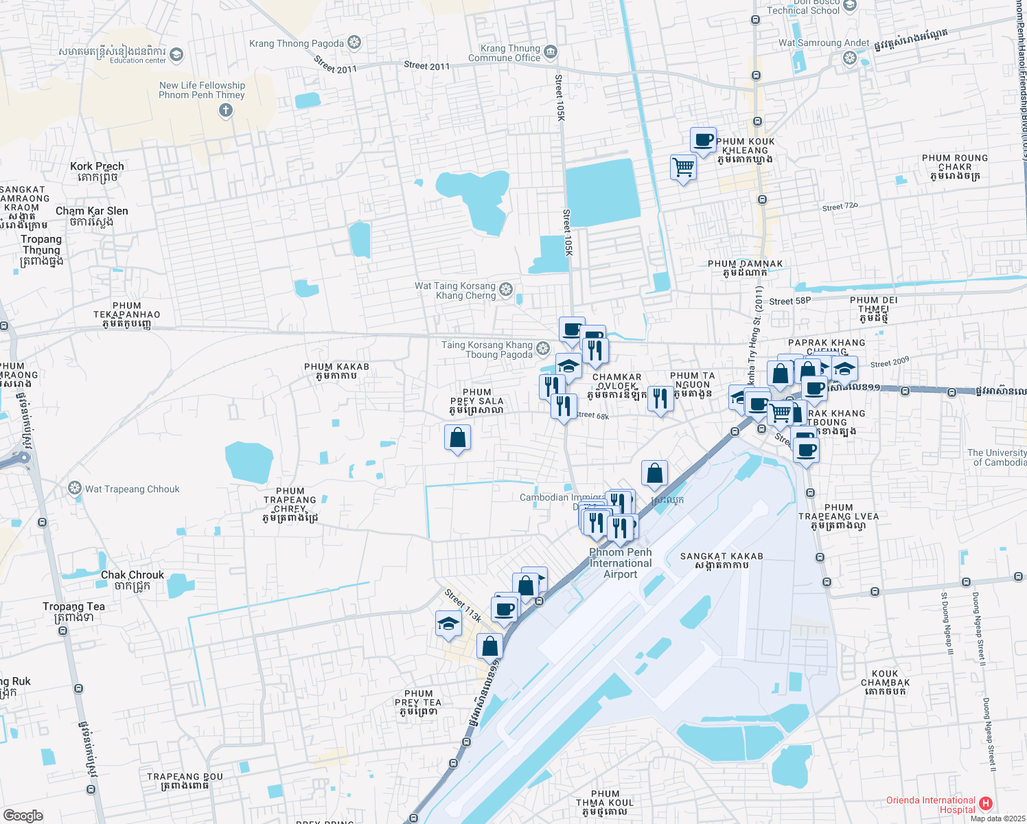 map of restaurants, bars, coffee shops, grocery stores, and more near 102 Street 68k in Phnom Penh