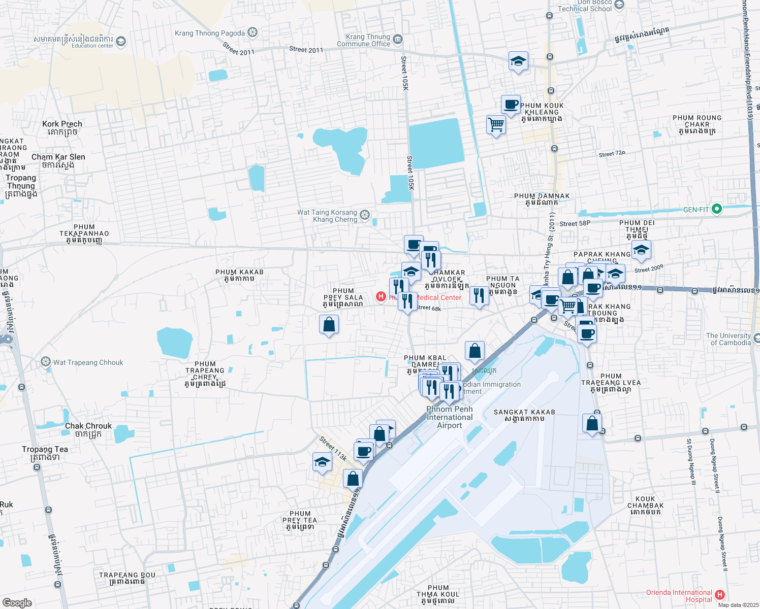 map of restaurants, bars, coffee shops, grocery stores, and more near 102 Street 68k in Phnom Penh