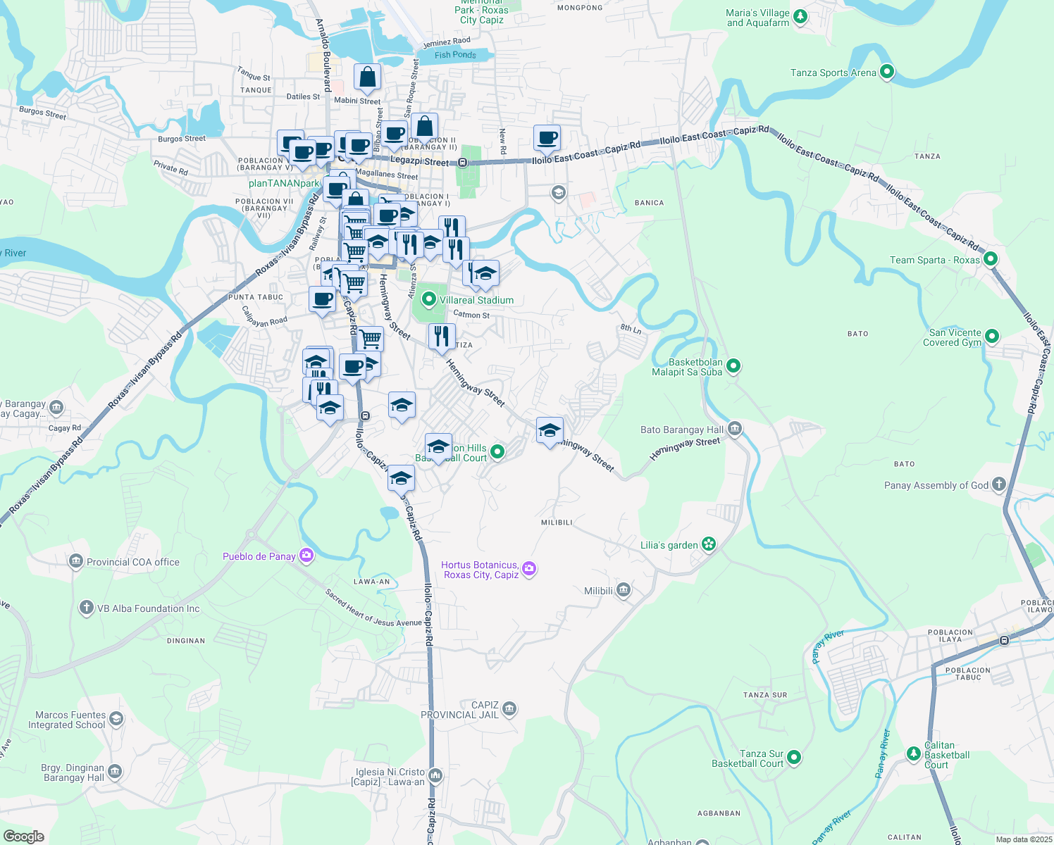 map of restaurants, bars, coffee shops, grocery stores, and more near Hemingway Street in Roxas City