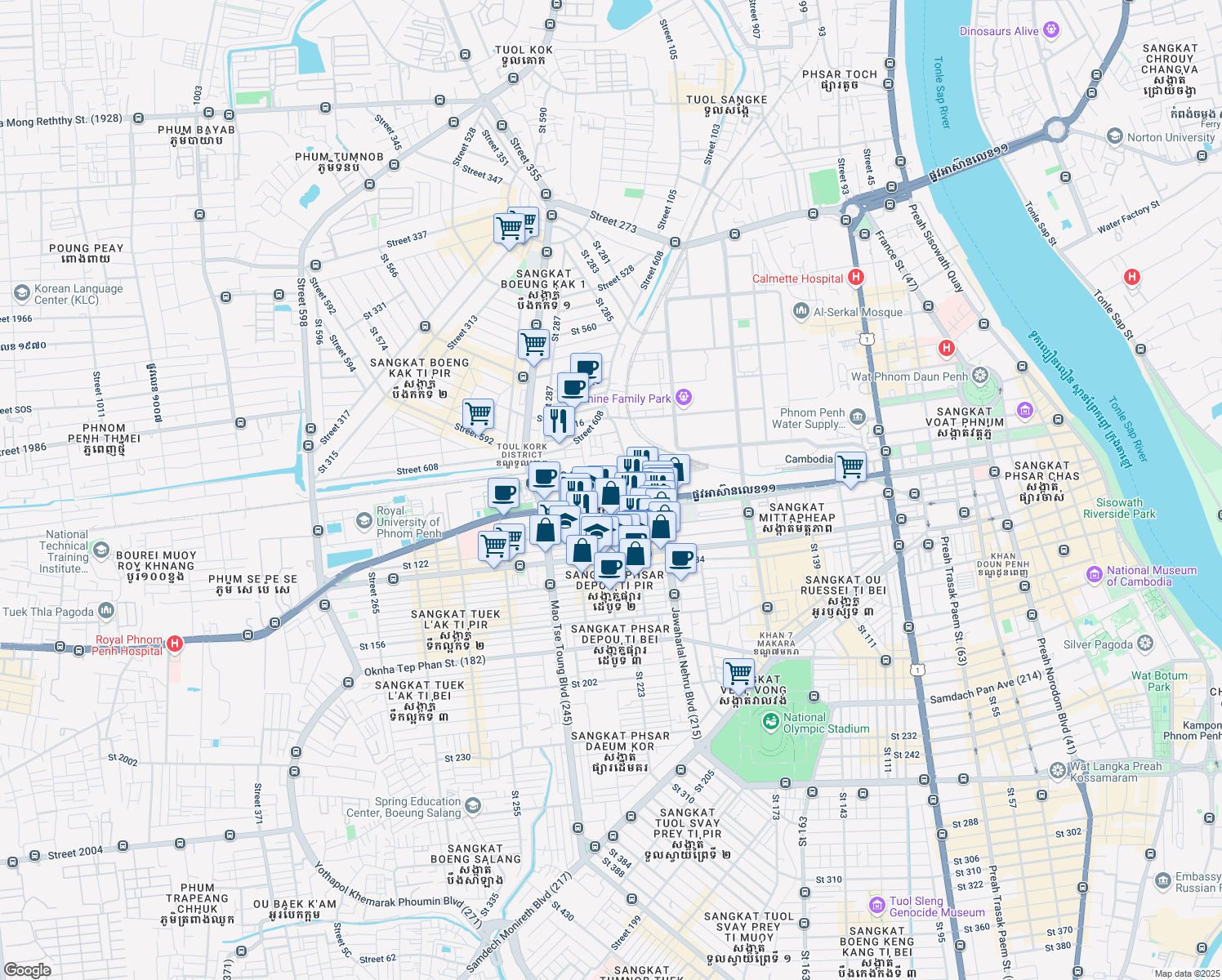 map of restaurants, bars, coffee shops, grocery stores, and more near Russian Federation Blvd. (110) in Phnom Penh