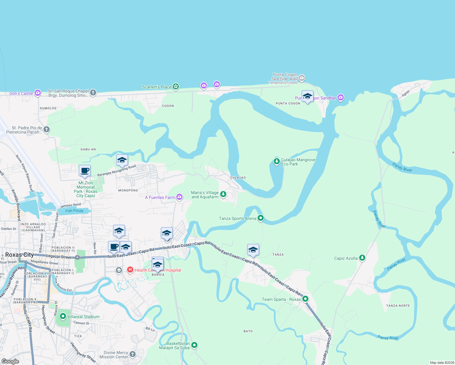 map of restaurants, bars, coffee shops, grocery stores, and more near Barangay Culajao Road in Roxas City