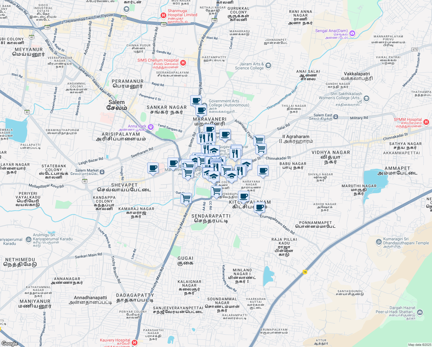 map of restaurants, bars, coffee shops, grocery stores, and more near 40 Fairlands Main Road in Salem