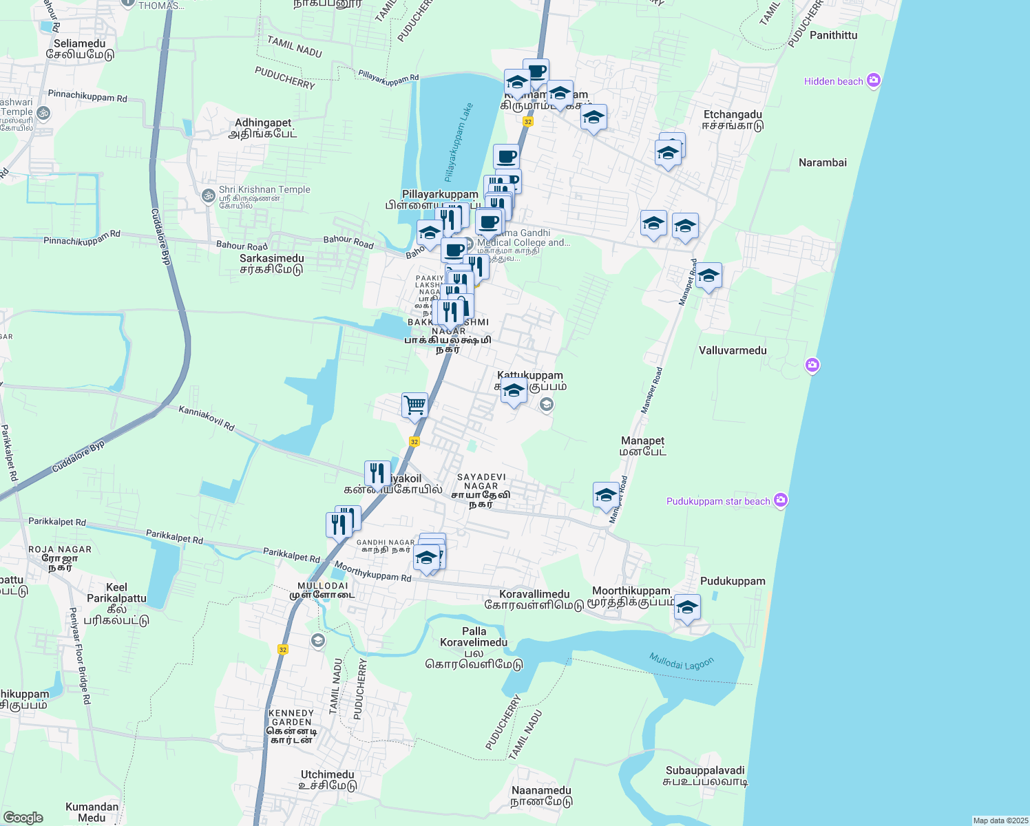 map of restaurants, bars, coffee shops, grocery stores, and more near Varkalodai Road in Kattukuppam