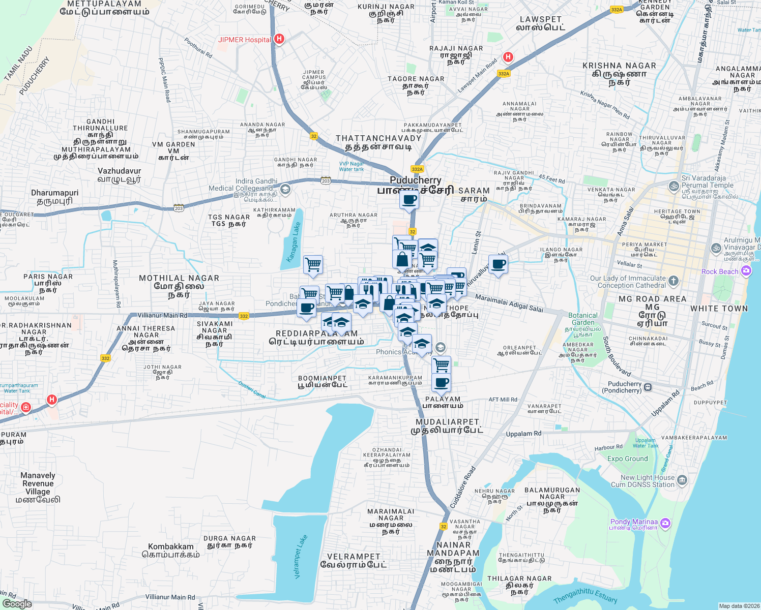 map of restaurants, bars, coffee shops, grocery stores, and more near NH 45A in Puducherry