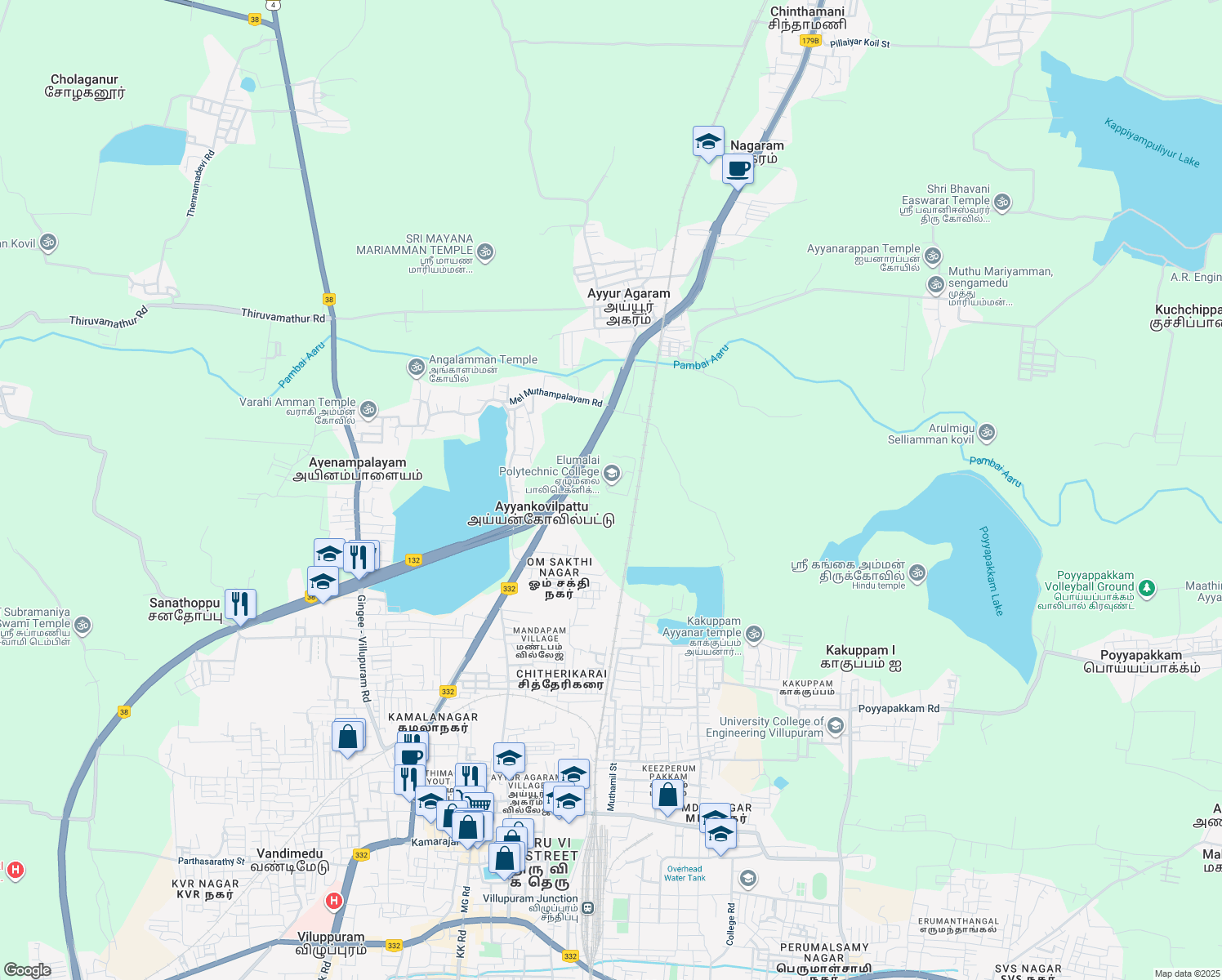 map of restaurants, bars, coffee shops, grocery stores, and more near Trichy-Chennai Highway in Ayyankovilpattu