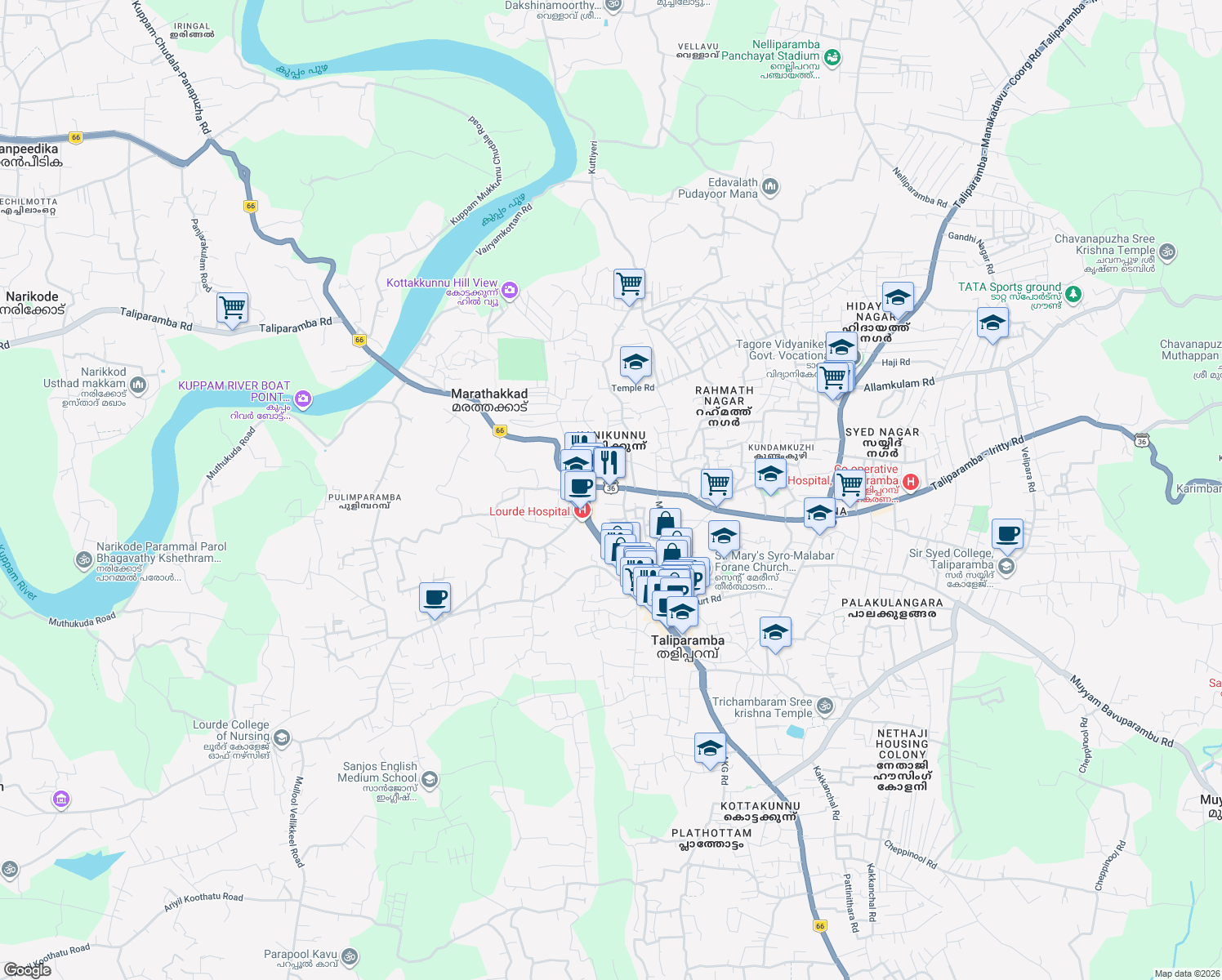 map of restaurants, bars, coffee shops, grocery stores, and more near Thaliparamba–Iritty Road in Taliparamba