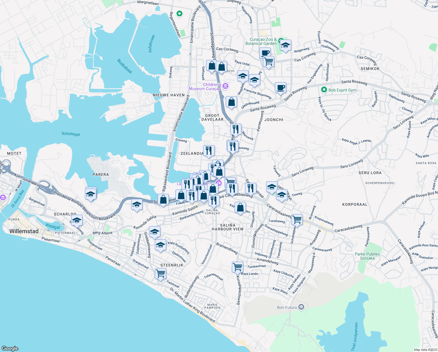 map of restaurants, bars, coffee shops, grocery stores, and more near 40 Schottegatweg Oost in Willemstad