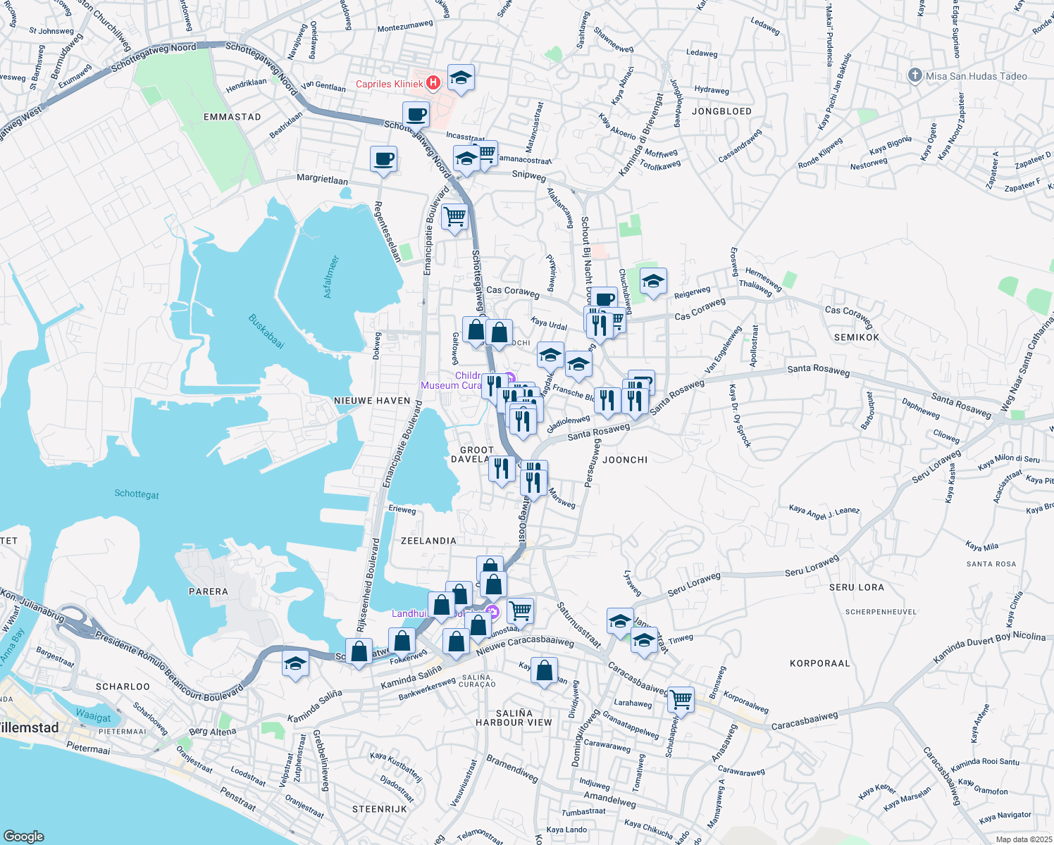 map of restaurants, bars, coffee shops, grocery stores, and more near Zuikertuintjeweg in Willemstad