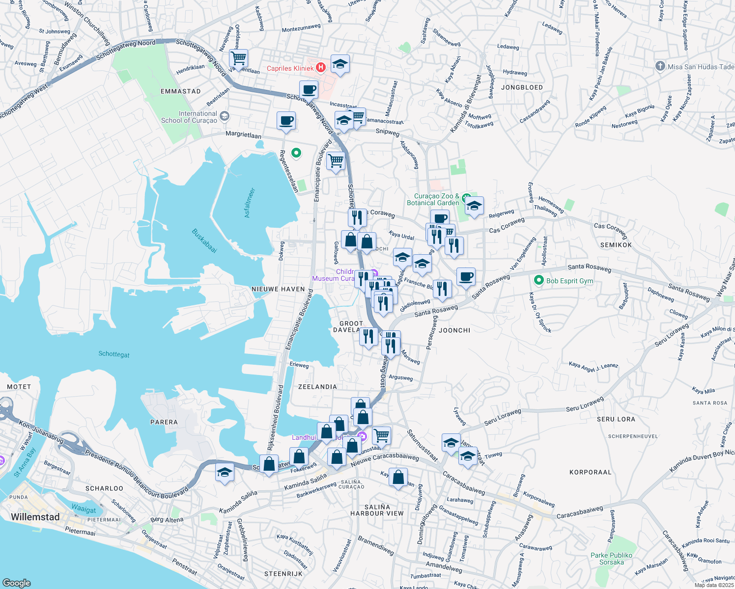 map of restaurants, bars, coffee shops, grocery stores, and more near 40 Schottegatweg Oost in Willemstad