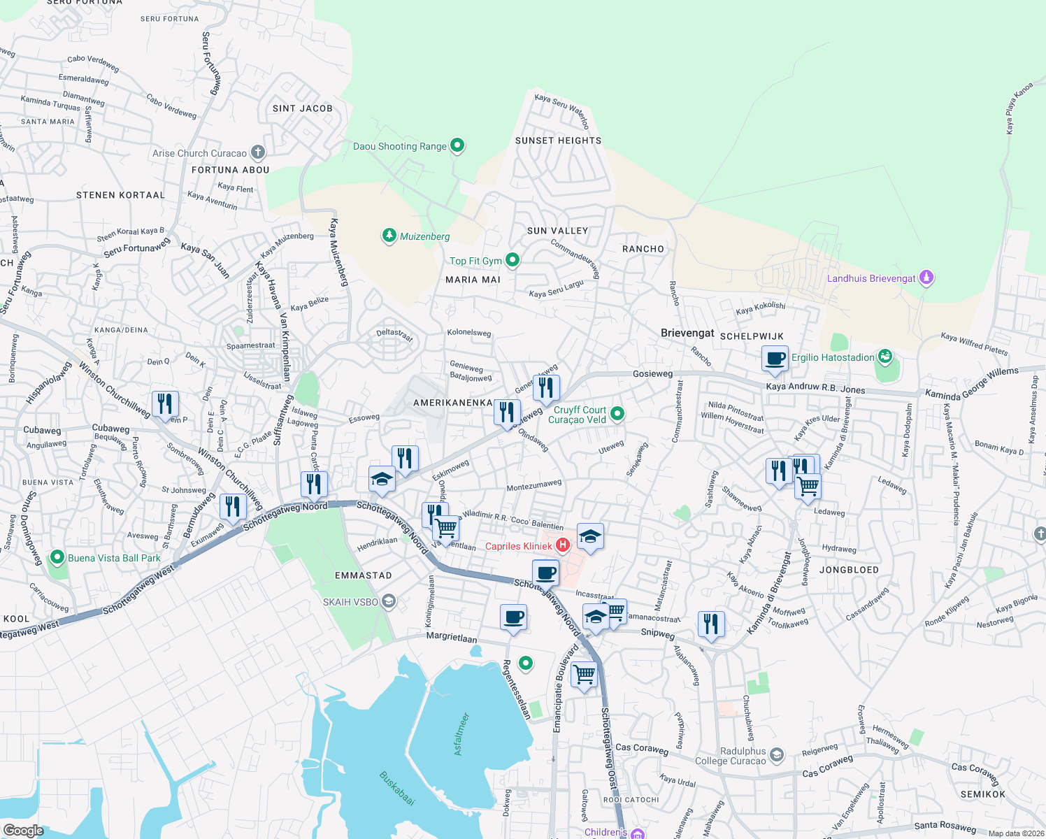 map of restaurants, bars, coffee shops, grocery stores, and more near Gosieweg in Willemstad