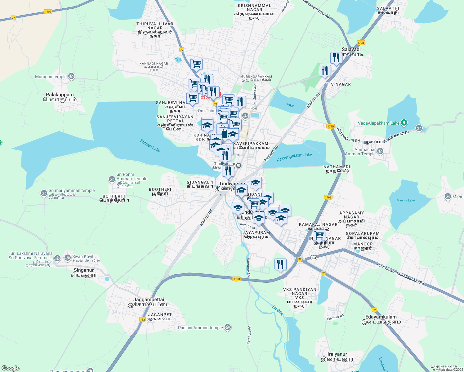 map of restaurants, bars, coffee shops, grocery stores, and more near GST Road in Tindivanam