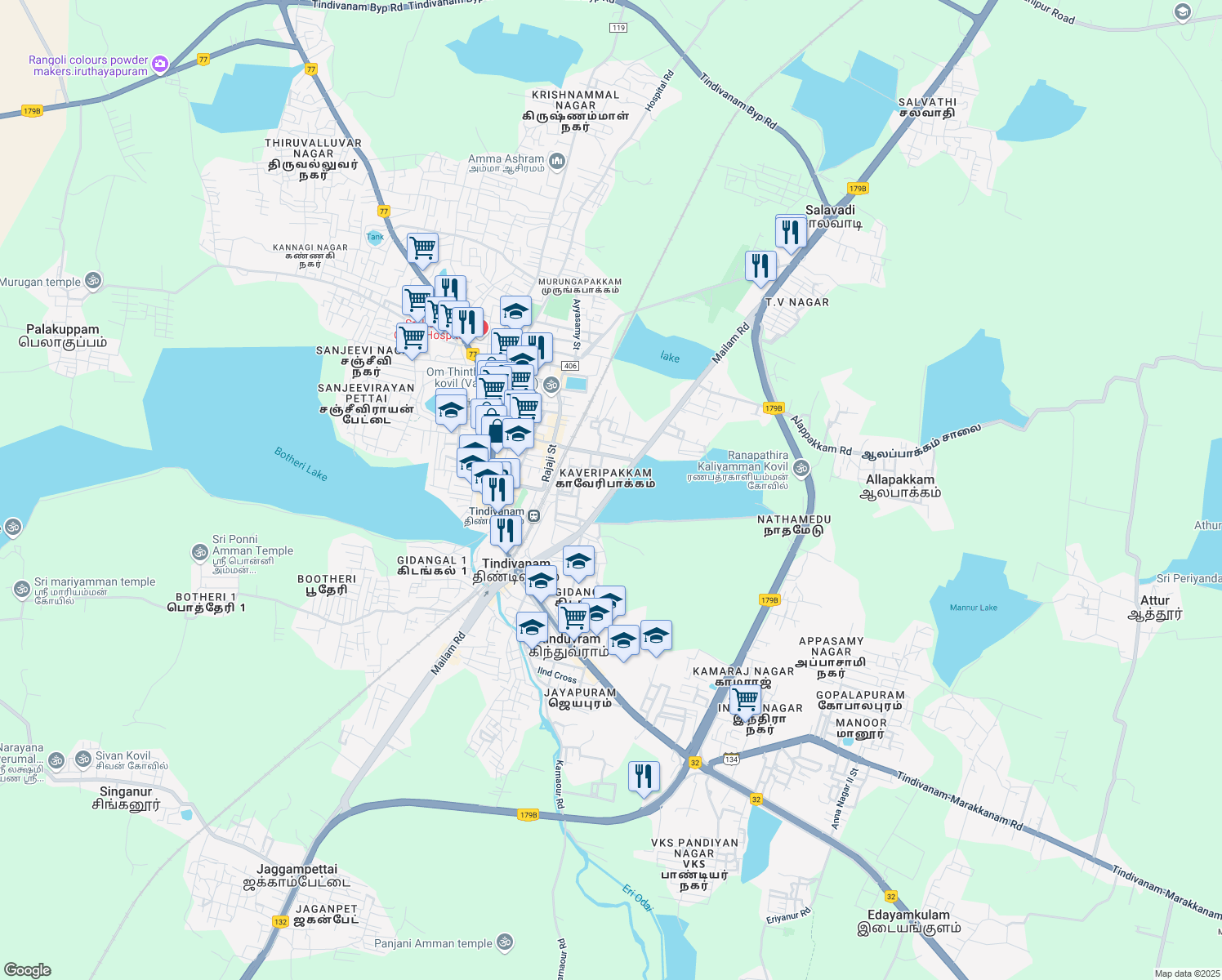 map of restaurants, bars, coffee shops, grocery stores, and more near GST Road in Tindivanam
