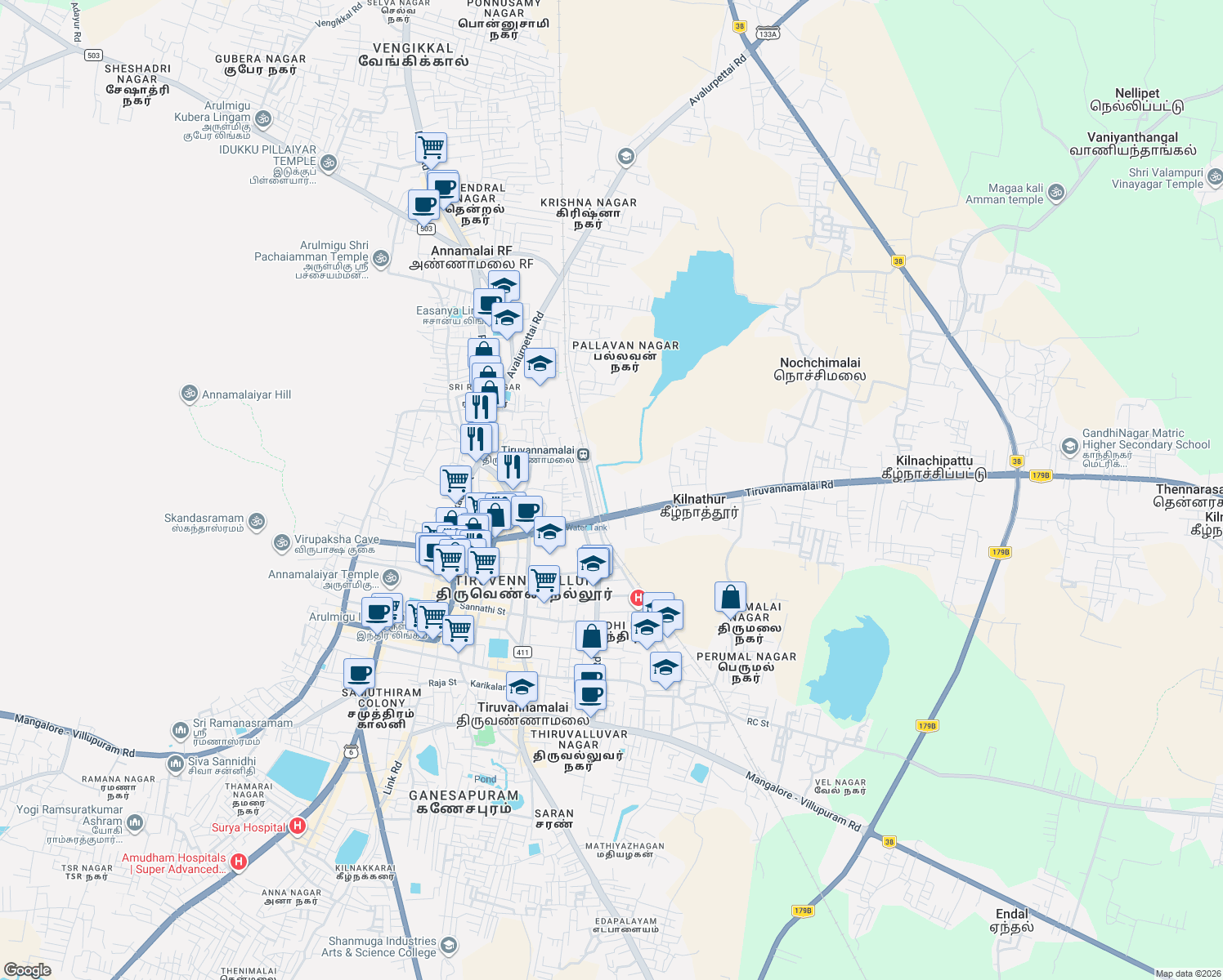 map of restaurants, bars, coffee shops, grocery stores, and more near Railway Station Road in Tiruvannamalai