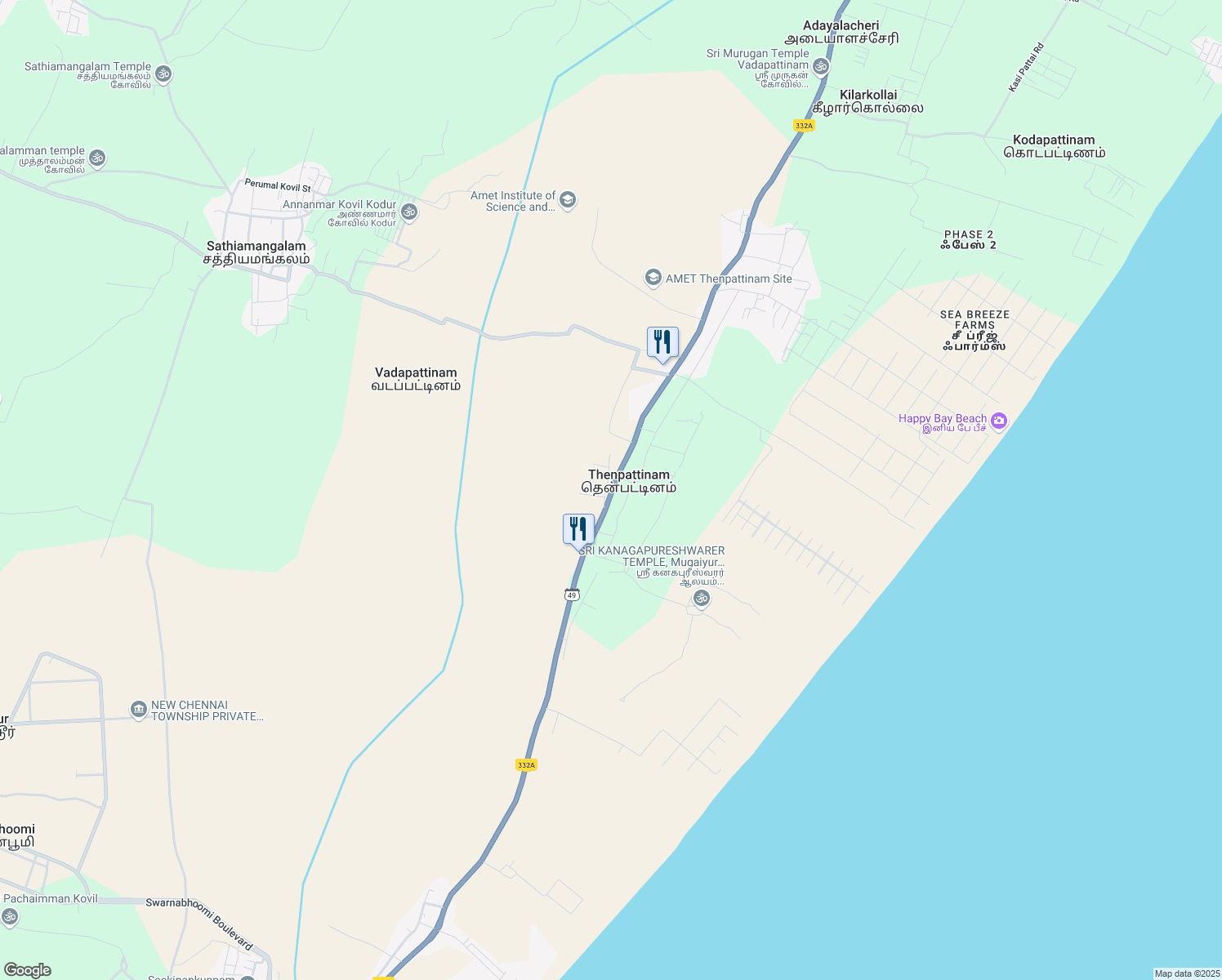 map of restaurants, bars, coffee shops, grocery stores, and more near State Highway 49 in Thenpattinam