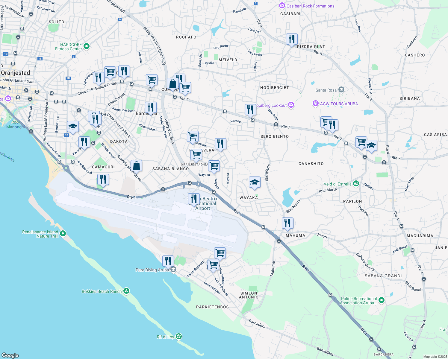 map of restaurants, bars, coffee shops, grocery stores, and more near in Oranjestad