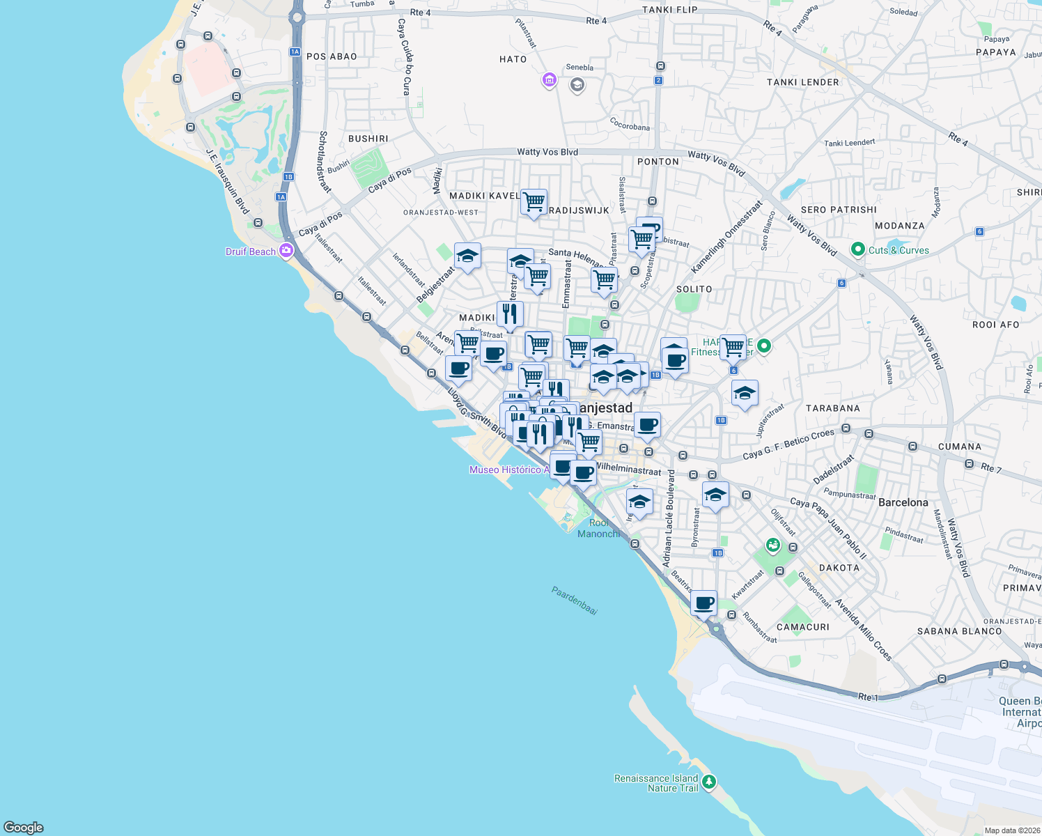 map of restaurants, bars, coffee shops, grocery stores, and more near in Oranjestad