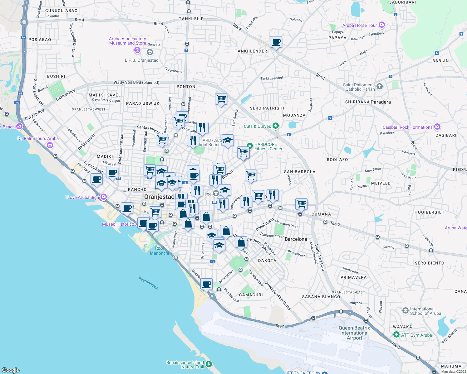 map of restaurants, bars, coffee shops, grocery stores, and more near in Oranjestad