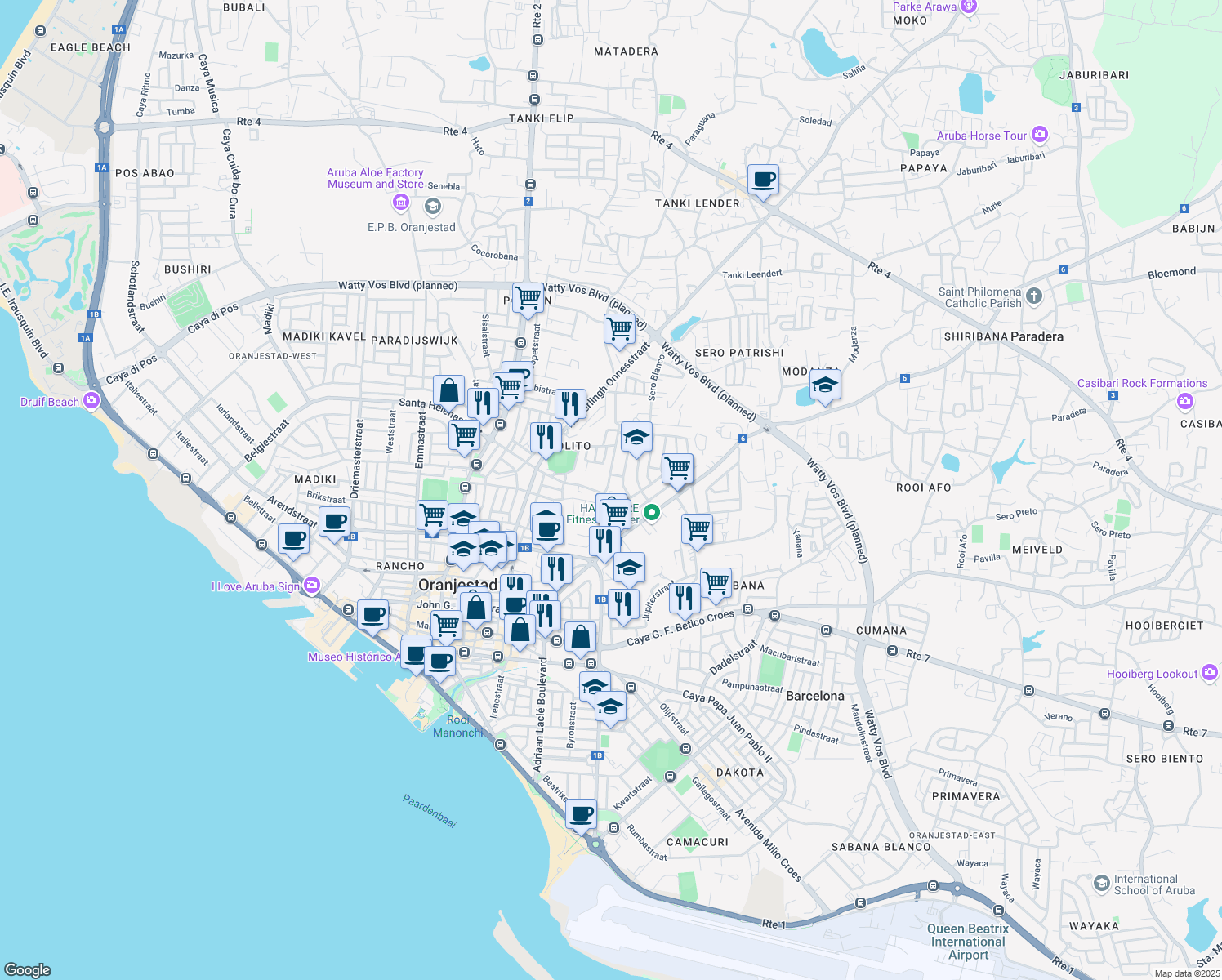 map of restaurants, bars, coffee shops, grocery stores, and more near in Oranjestad