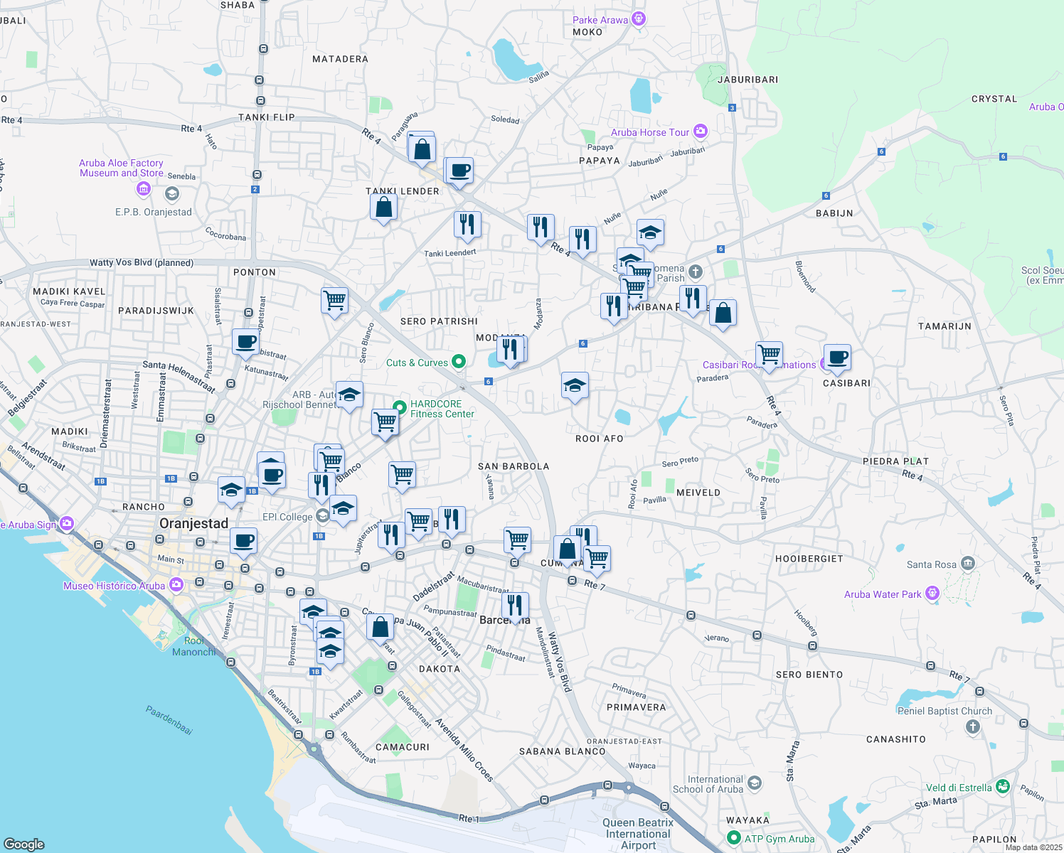 map of restaurants, bars, coffee shops, grocery stores, and more near in Oranjestad