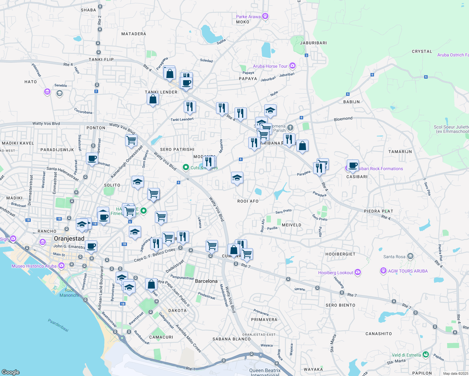 map of restaurants, bars, coffee shops, grocery stores, and more near in Oranjestad