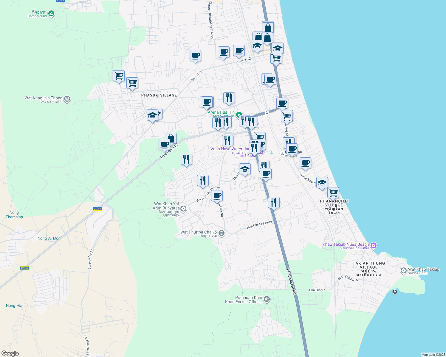 map of restaurants, bars, coffee shops, grocery stores, and more near Hua Hin 114 in Tambon Nong Kae